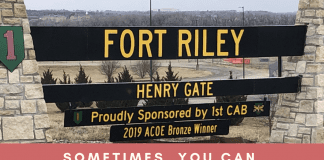 picture of Fort Riley Henry Gate with "Sometimes, You Can Go Home Again (Almost)" in text and MMC logo