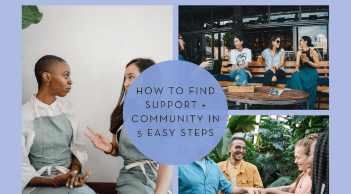 various groups of people in a community setting and "How to Find Support + Community in 5 Easy Steps" in text and MMC logo