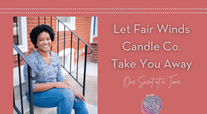 Tenisha Dotstry sitting on a porch with MMC logo and "Let Fair Winds Candle Co. Take You Away, One Scent at a Time" in text