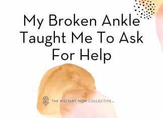 Watercolor pink and brown dots with "My Broken Ankle Taught Me To Ask For Help" in text and MMC logo