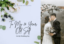 man and woman at their wedding kissing with a blue floral background and "To My 24 Year Old Self on my Wedding Day" in text and MMC logo