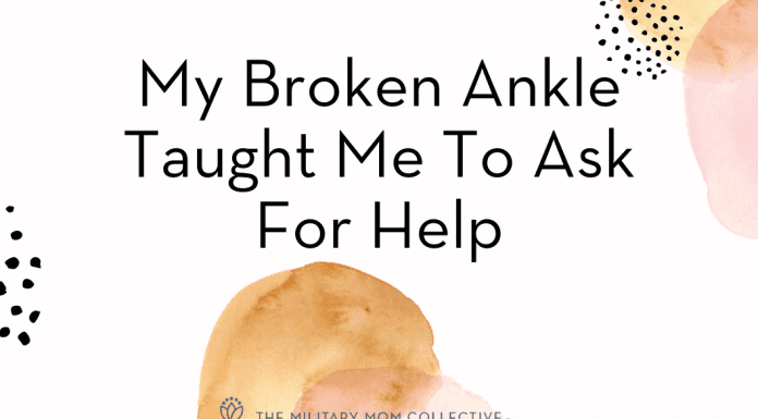Watercolor pink and brown dots with "My Broken Ankle Taught Me To Ask For Help" in text and MMC logo