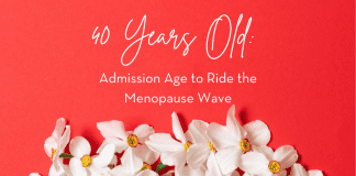 white flowers on a coral red background with "40 Years Old: Admission Age to Ride the Menopause Wave" in text and MMC logo