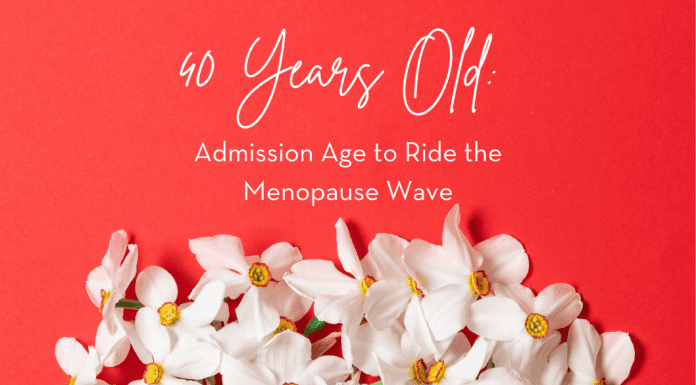 white flowers on a coral red background with "40 Years Old: Admission Age to Ride the Menopause Wave" in text and MMC logo