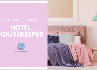 a hotel bed with purple and pink bedding and "An Ode to our Hotel Housekeeper" in text and MMC logo