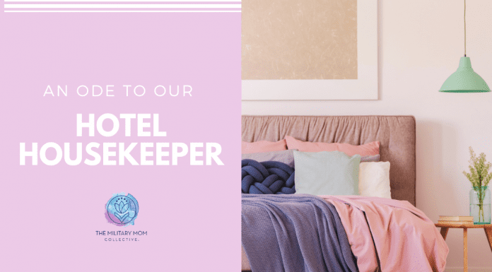 a hotel bed with purple and pink bedding and "An Ode to our Hotel Housekeeper" in text and MMC logo