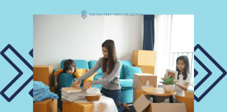 mom packing moving boxes with kids in a living room. "My 5 Top Tips to Survive an Overseas Move with Kids" in text and MMC logo