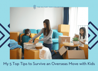 mom packing moving boxes with kids in a living room. "My 5 Top Tips to Survive an Overseas Move with Kids" in text and MMC logo