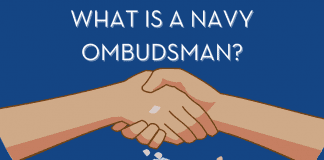 cartoon hands shaking with "What is a Navy Ombudsman?" in text and MMC logo