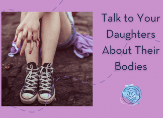 teenage girl in Converse sneakers with "Talk to Your Daughters About Their Bodies" in text and MMC logo