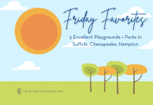 cartoonish drawing of an outdoor scene with trees and a sun and "5 Excellent Playgrounds + Parks in Suffolk, Chesapeake, Hampton" in text and MMC logo