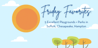 cartoonish drawing of an outdoor scene with trees and a sun and "5 Excellent Playgrounds + Parks in Suffolk, Chesapeake, Hampton" in text and MMC logo