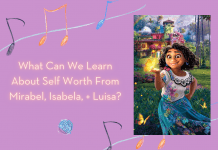 mirabel from Encanto with playful music notes and "What Can We Learn About Self Worth From Mirabel, Isabela, + Luisa?" in text and MMC logo