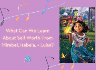 mirabel from Encanto with playful music notes and "What Can We Learn About Self Worth From Mirabel, Isabela, + Luisa?" in text and MMC logo