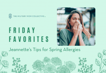 delicate flower outlines on a pale green background with a woman sneezing, "Friday Favorites: Jeannette's Tips for Spring Allergies" and MMC logo