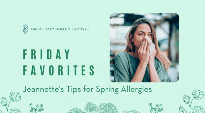 delicate flower outlines on a pale green background with a woman sneezing, "Friday Favorites: Jeannette's Tips for Spring Allergies" and MMC logo