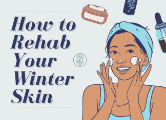 sketched woman applying lotion to her face with various skincare products and "How to Rehab Your Winter Skin" in text and MMC logo