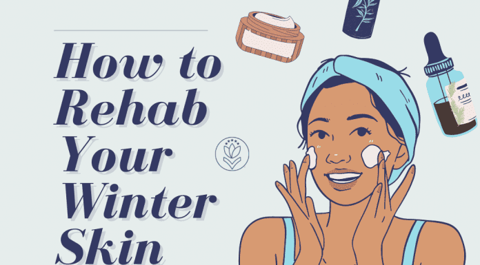 sketched woman applying lotion to her face with various skincare products and "How to Rehab Your Winter Skin" in text and MMC logo