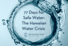 a large drop of water mid-splash with "77 Days for Safe Water: The Hawaiian Water Crisis" in text and MMC logo