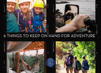 pictures of kids and families in different adventures in Polaroid frames with "6 Things To Keep On Hand For Adventure" in text and MMC logo
