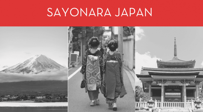 black and white photos of people and places in Japan with a red banner that reads "Sayonara Japan" and MMC logo