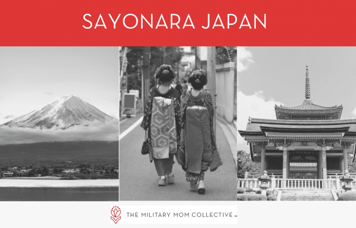 black and white photos of people and places in Japan with a red banner that reads 