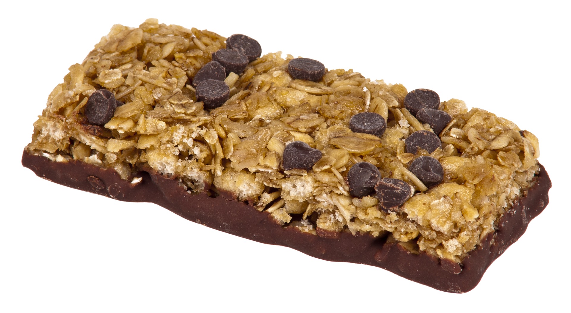 A granola bar dipped in chocolate on the bottom and chocolate chips throughout