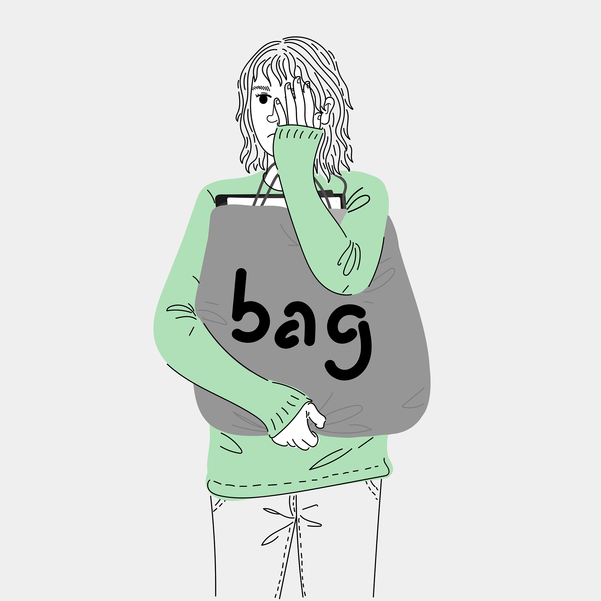 a woman in a green shirt is holding a bag that says the word "bag" spelled out on it. She is covered one eye with her hand and appears overwhelmed.