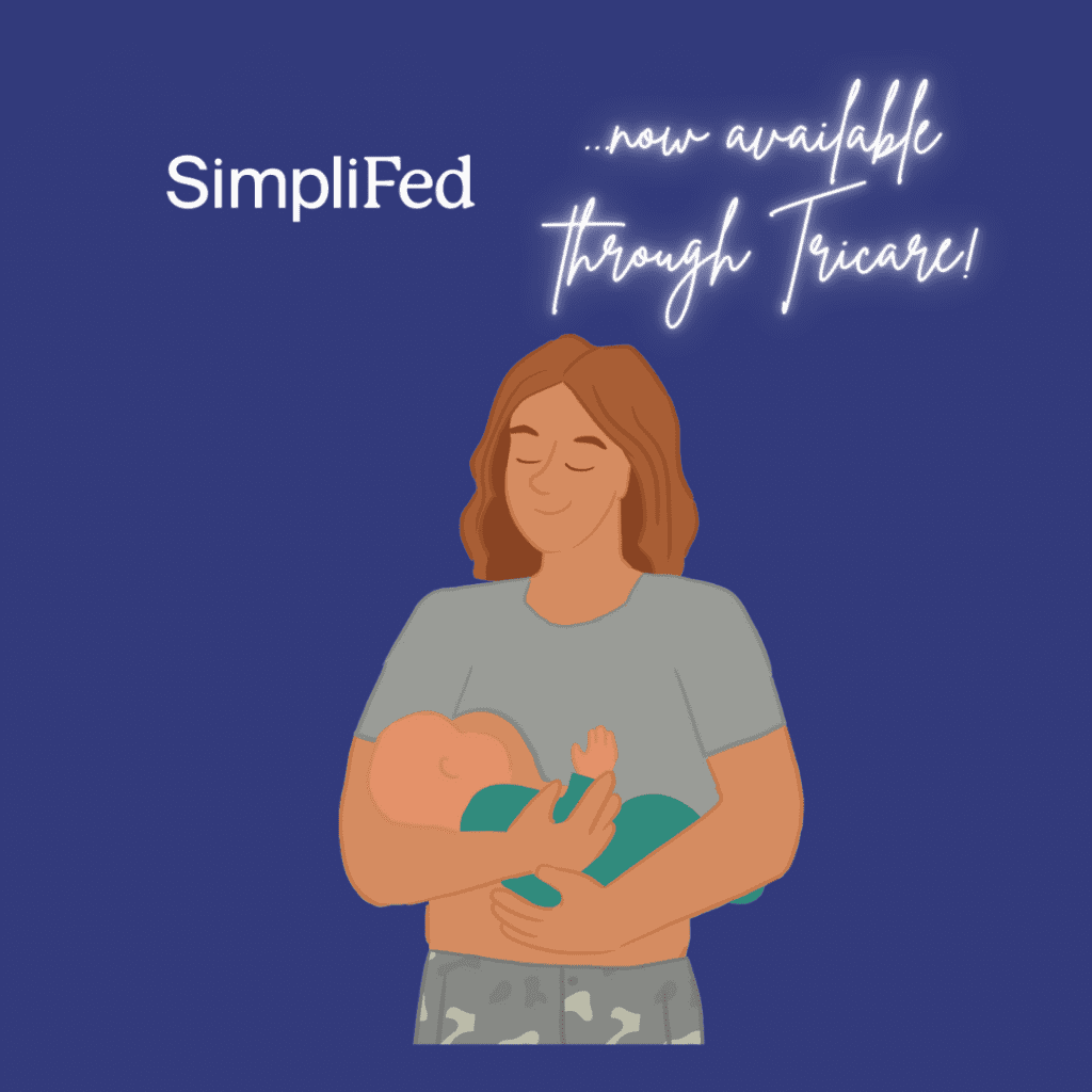 woman feeding a baby with "SimpliFed...now available through Tricare!" in text