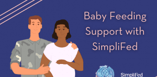 military man and pregnant woman with "Baby Feeding Support with SimpliFed" in text and MMC and SImpliFed logos