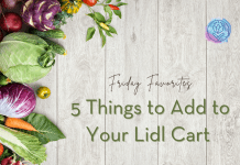 fresh produce on a wood panel background with "Friday Favorites: 5 Things to Add to Your Lidl Cart" in text and MMC logo