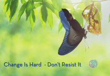 butterfly leaving a chrysalis in a green plant, signifying change. "Change Is Hard - Don't Resist It" in text and MMC logo