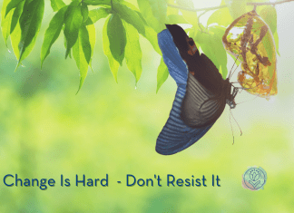 butterfly leaving a chrysalis in a green plant, signifying change. "Change Is Hard - Don't Resist It" in text and MMC logo