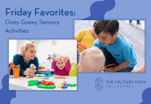 pictures of kids doing sensory activities and "Friday Favorites: Ooey Gooey Sensory Activities" in text and MMC logo