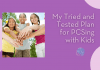 groups of kids with hands together on a purple background with "My Tried and Tested Plan for PCSing with Kids" join text and MMC logo