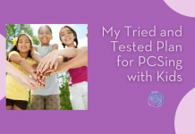groups of kids with hands together on a purple background with "My Tried and Tested Plan for PCSing with Kids" join text and MMC logo