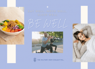 "Eat Well, Move Well, Sleep Well - Be Well" in text with MMC logo and pictures of healthy food, people exercising, and a rested woman waking up in bed