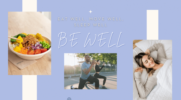 "Eat Well, Move Well, Sleep Well - Be Well" in text with MMC logo and pictures of healthy food, people exercising, and a rested woman waking up in bed