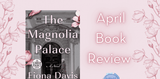 Magnolias on a pale pink background with "The Magnolia Palace" book and "April Book Review" in text, MMC logo underneath
