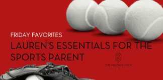 sports equipment in black and white on a red background. "Friday Favorites: Lauren's Essentials for the Sports Parent" in text and MMC logo