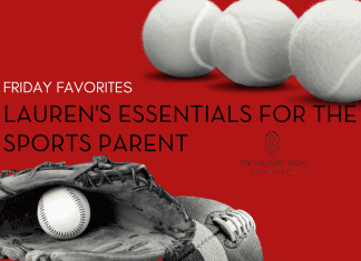 sports equipment in black and white on a red background. "Friday Favorites: Lauren's Essentials for the Sports Parent" in text and MMC logo