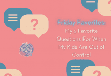 question bubbles in beige and blue on a pick background. "My 5 Favorite Questions For When My Kids Are Out of Control" in text and MMC logo