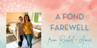 Amie + Rachel on a blue and pink watercolor background with "A Fond Farewell from Rachel + Amie" in text