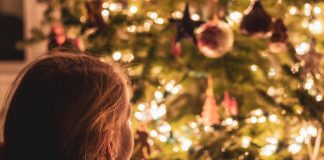 A little girl stands in the foreground looking away from camera towards a well-lit christmas tree.
