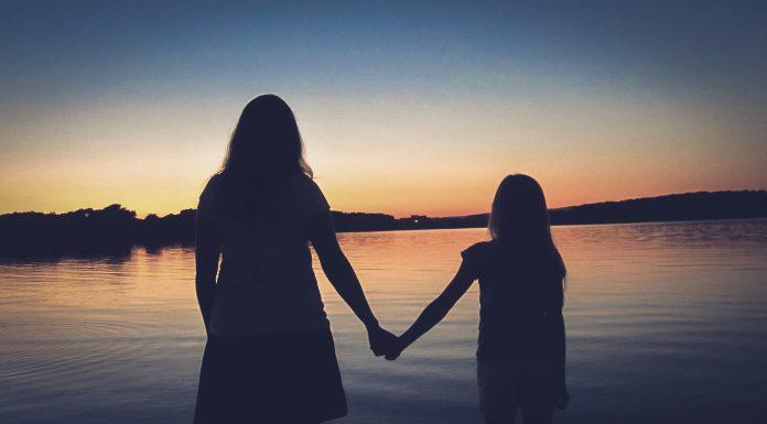 A silouette of a woman and young girl are seen, facing away from camera towards a sunset in the distance. They are holding hands.